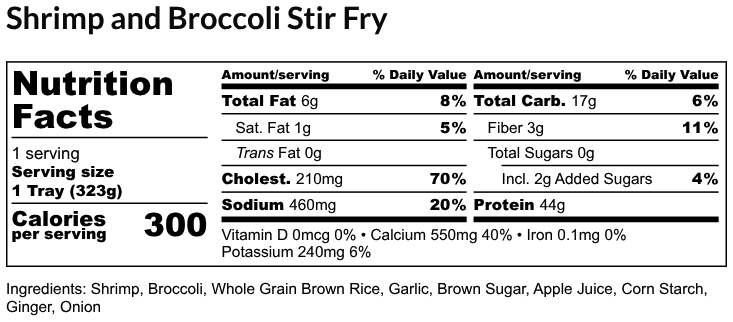Nutritional Facts - Shrimp and Broccoli Stir Fry 6oz